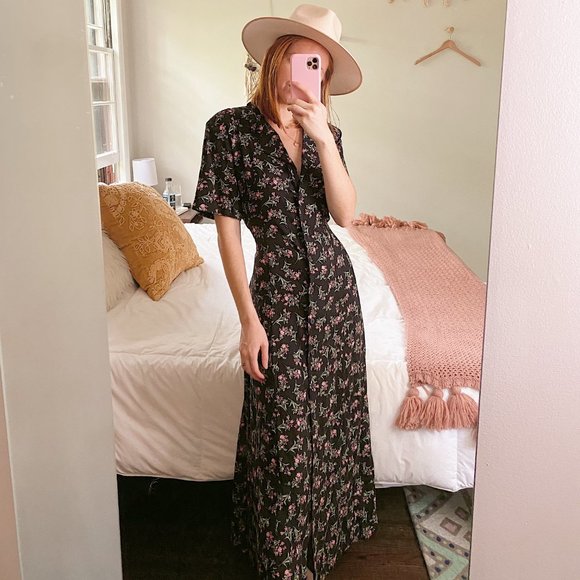 Erika Dresses & Skirts - Vintage Black Floral Button Up Maxi Dress
